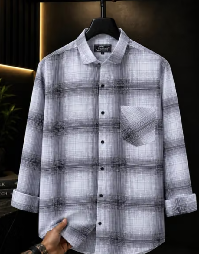 Men White Grey Checkered Casual Shirt Full Sleeve Spread Collar Regular Fit with Pocket